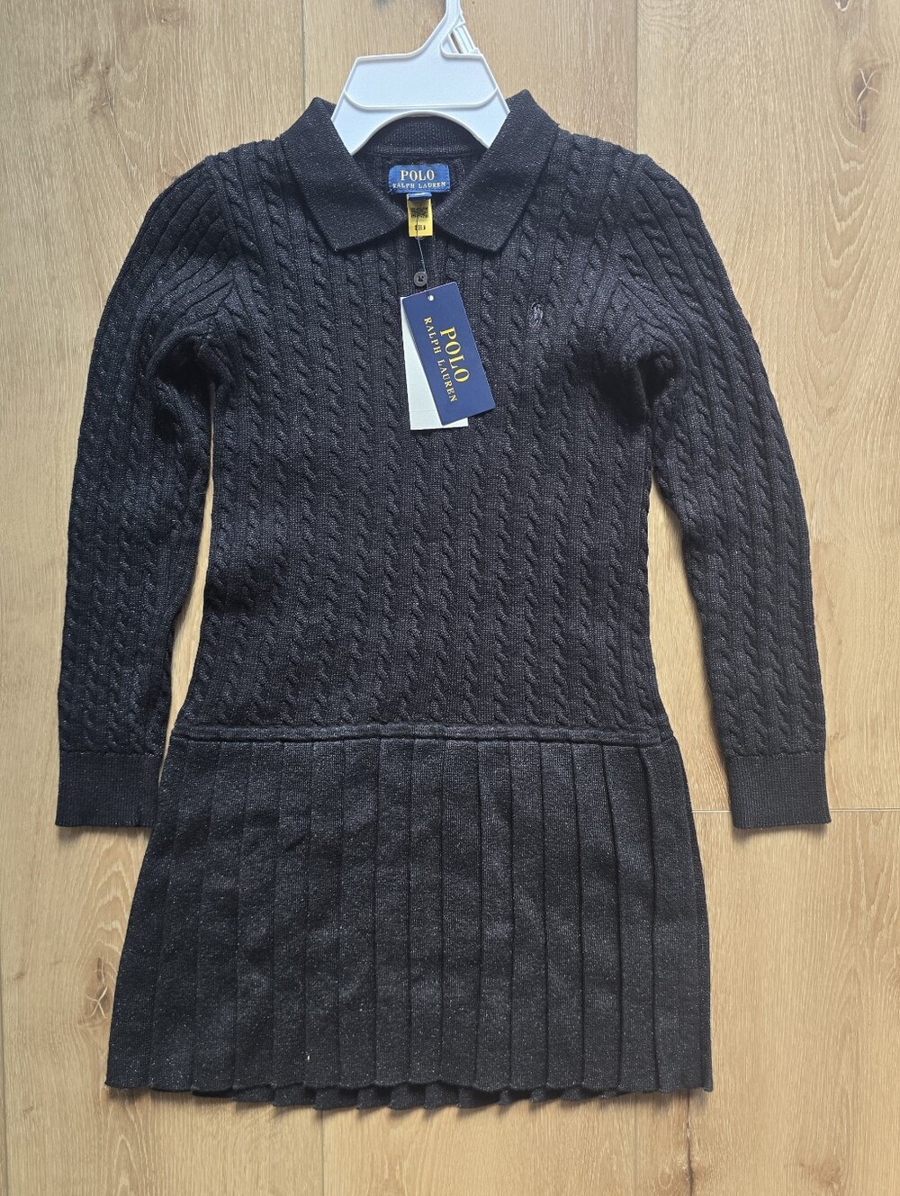 NWT Polo Ralph Lauren Girls Black Cable Knit Sweater Dress Pleated 7 8 10